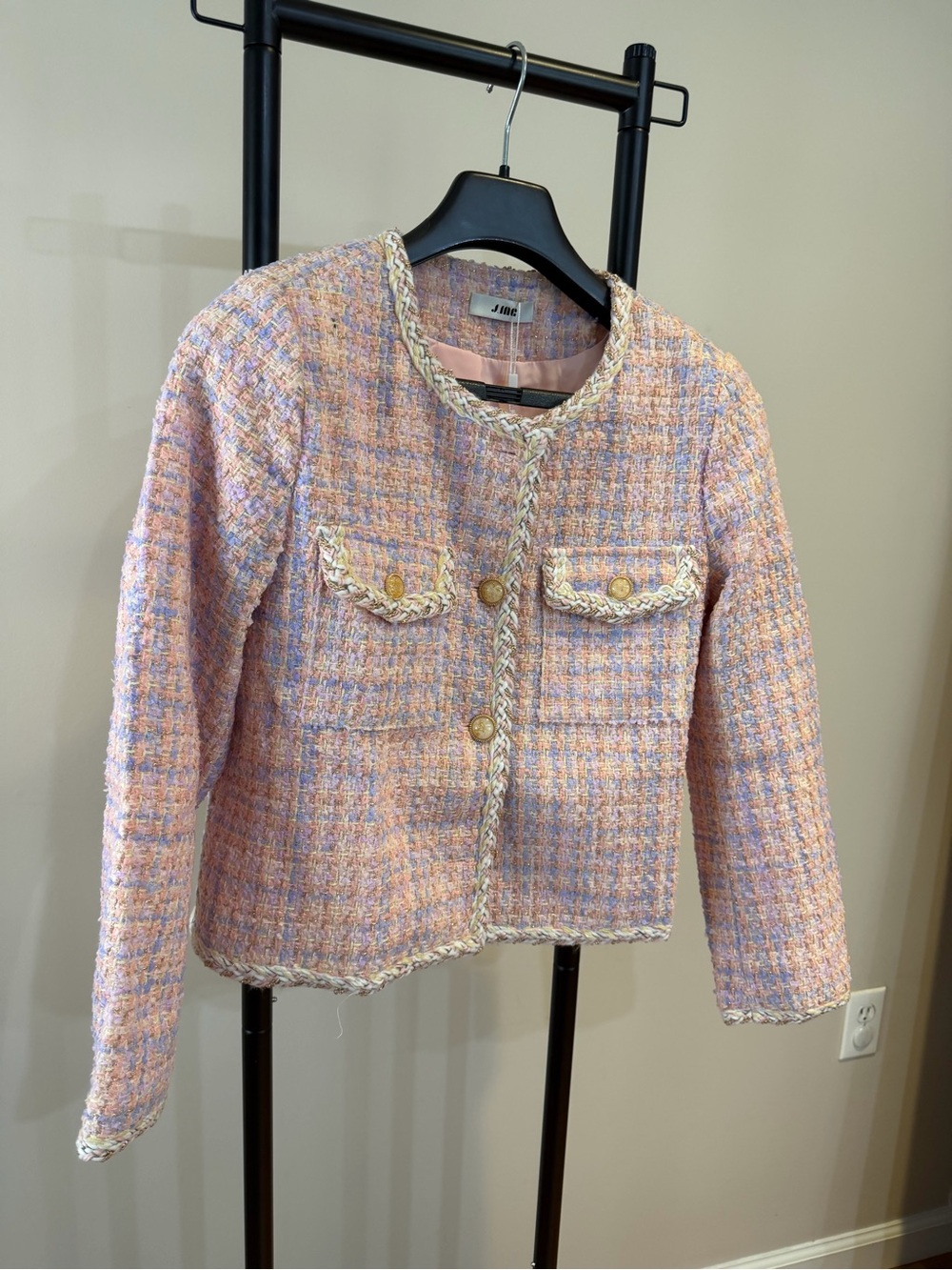 J.ING Coquette Pastel Multi Tweed Crop Blazer Jacket Metallic Trim, Gold Buttons